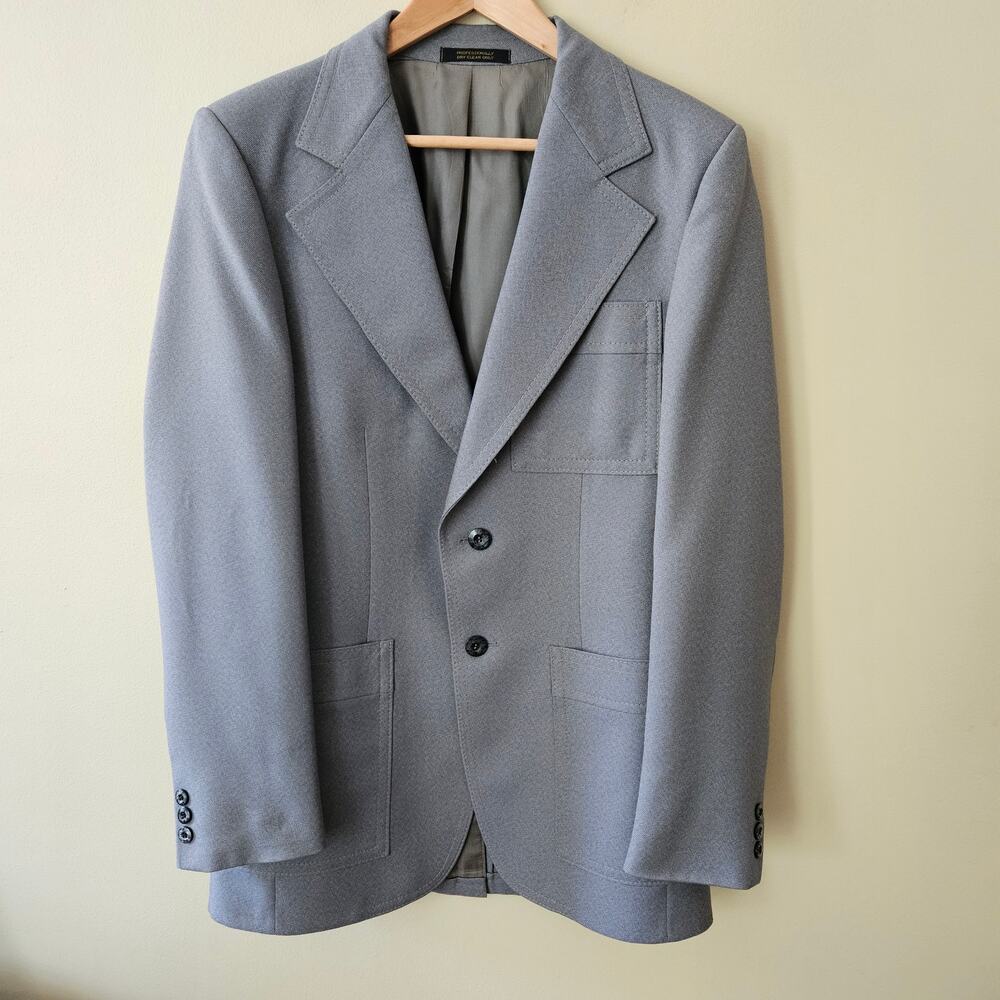 Vintage 70s Men's Sport Coat Size 38/40L Leisure Suit Gray Wide Lapel Disco